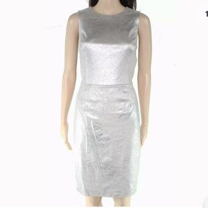 NWT Metallic Silver Foil Velvet Sheath Midi Dress